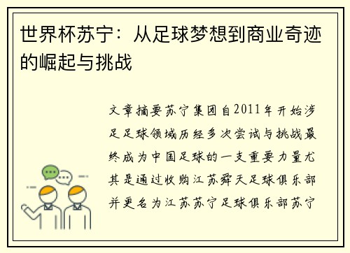 世界杯苏宁：从足球梦想到商业奇迹的崛起与挑战